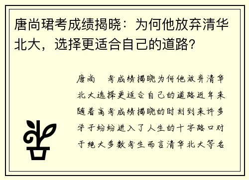 唐尚珺考成绩揭晓：为何他放弃清华北大，选择更适合自己的道路？