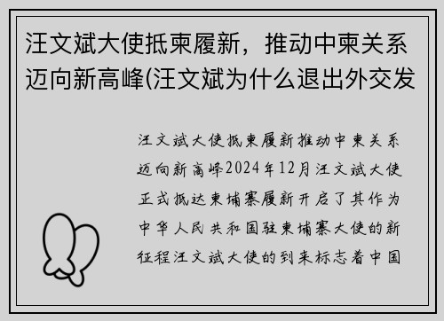 汪文斌大使抵柬履新，推动中柬关系迈向新高峰(汪文斌为什么退出外交发言人)