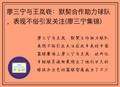 廖三宁与王岚嵚：默契合作助力球队，表现不俗引发关注(廖三宁集锦)