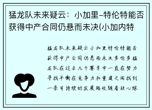 猛龙队未来疑云：小加里-特伦特能否获得中产合同仍悬而未决(小加内特 迈尔斯)